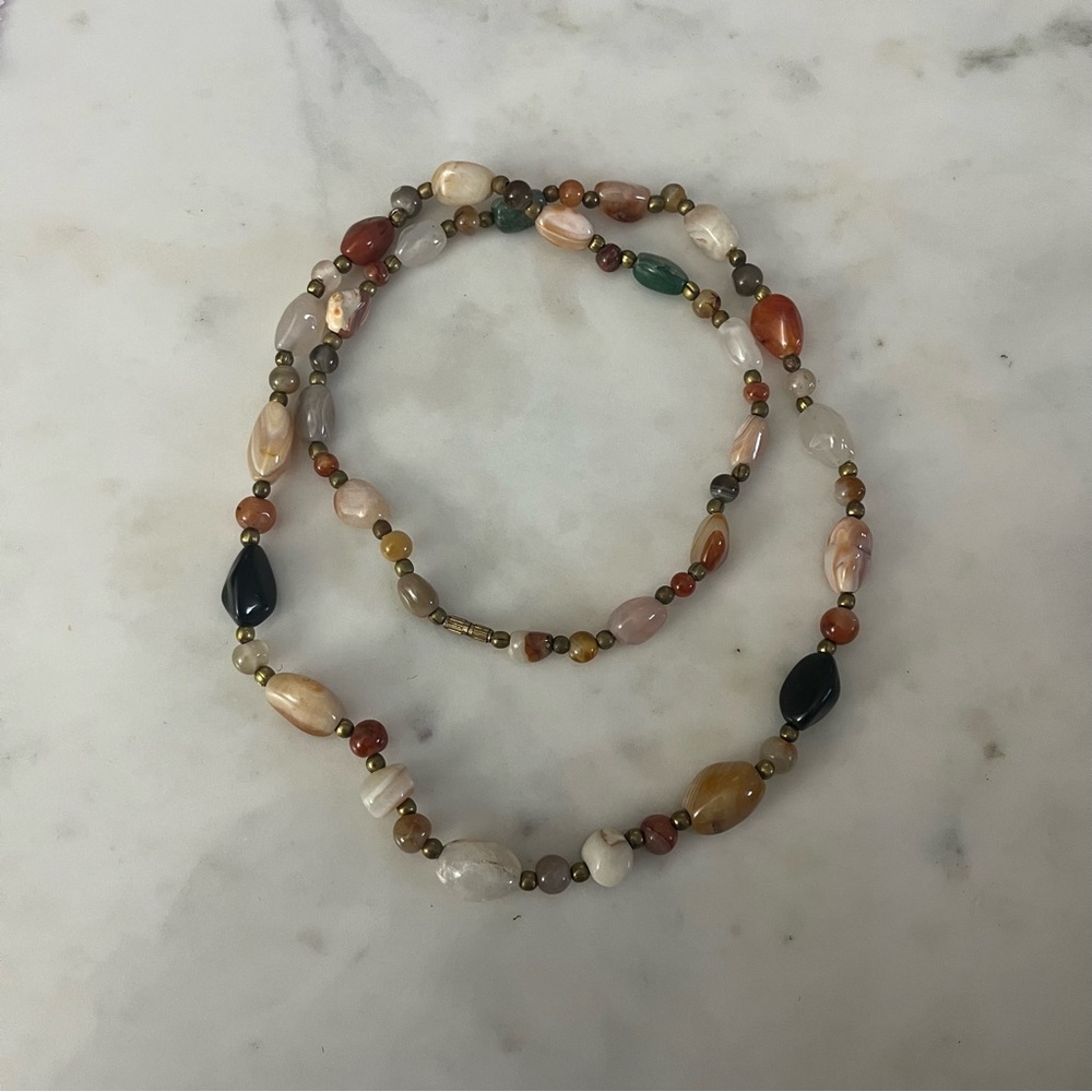 Vintage 17” drop Multi color polished stone necklace with bronze tone beads